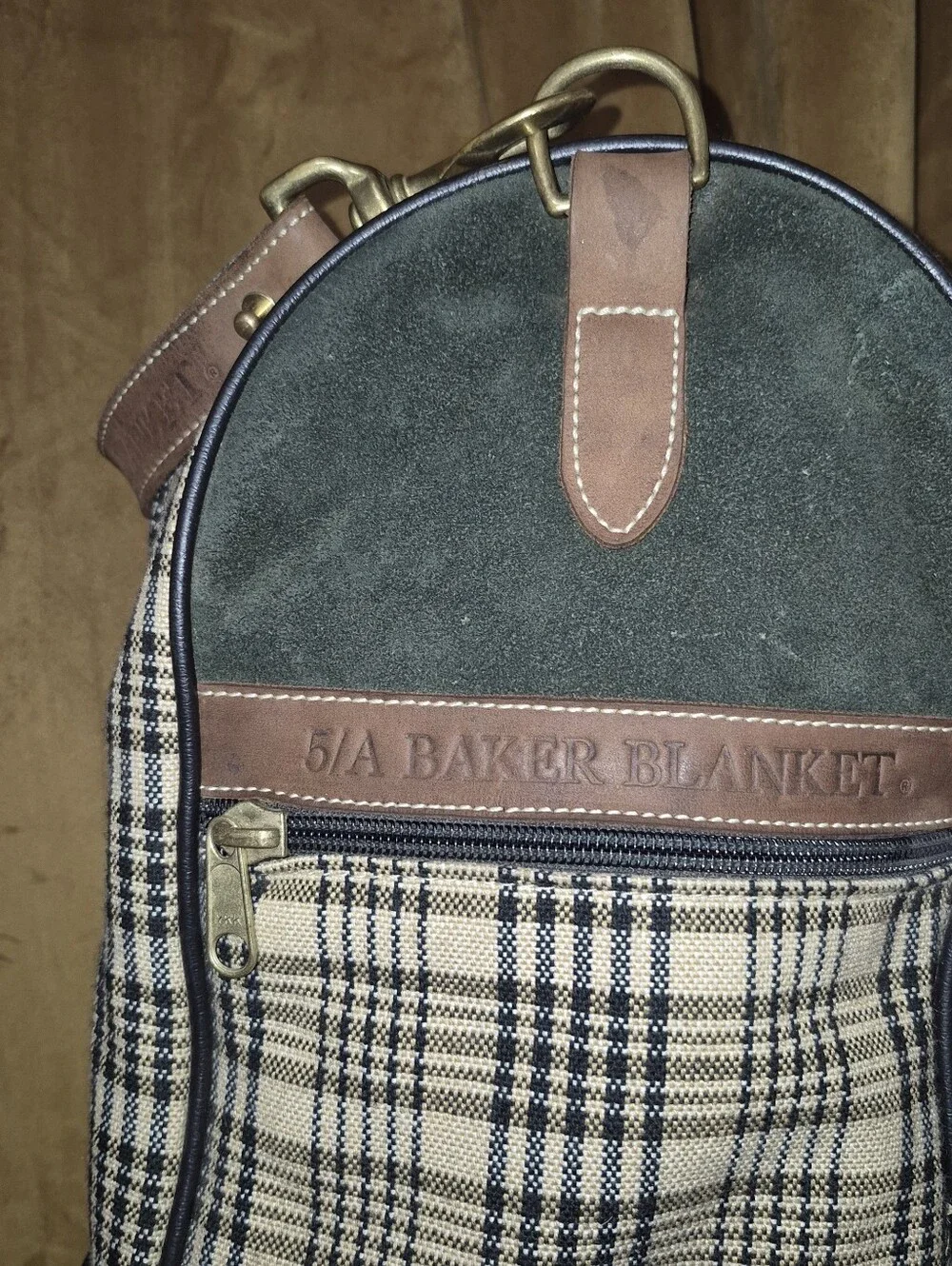 🔥5/A Baker Blanket Plaid Woven Fabric Suede Leather Riding Boot Bag Equestrian